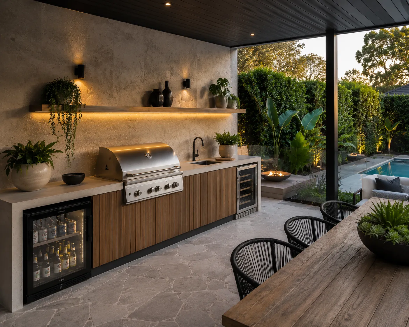 A stone-clad outdoor kitchen and bar area beside a pool and fire pit