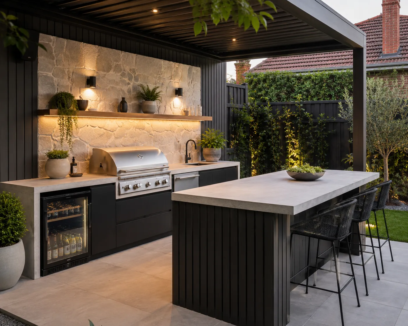 A stone-clad outdoor kitchen bar and island with bar stool seating