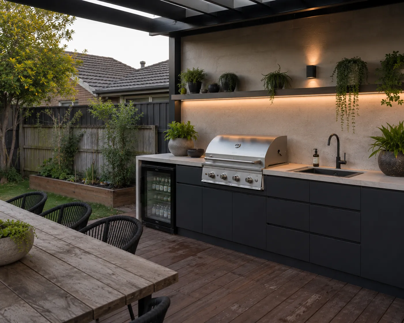 A modern outdoor kitchen with dark cabinetry under a covered pergola