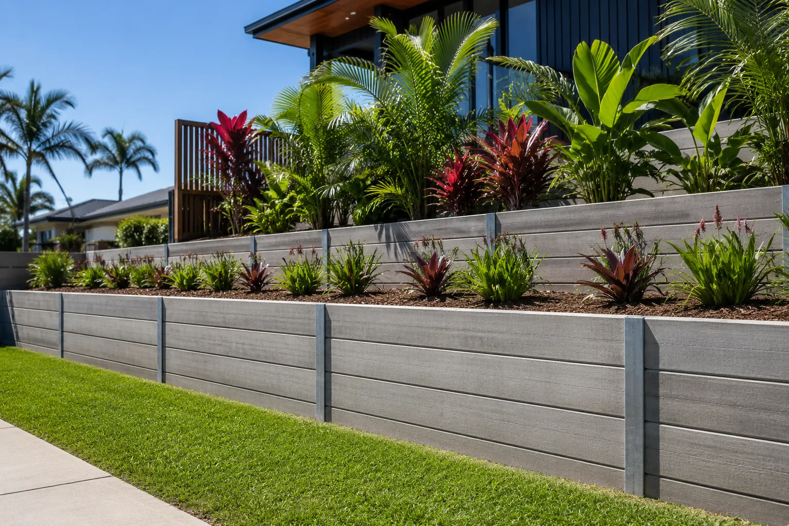 A grey concrete sleeper retaining wall along a driveway