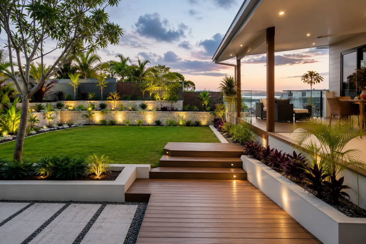 A finished backyard at dusk with a timber deck, steps, retaining wall and lush lawn